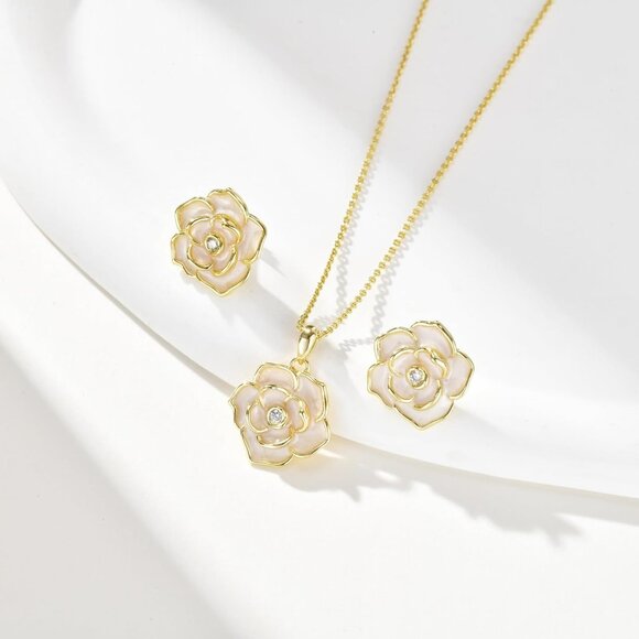 Gold Plated Rose Jewelry Set for Women Floral Necklace and Hoop Earrings - Picture 6 of 6